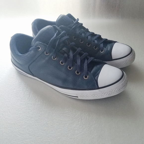 navy blue leather chuck taylors